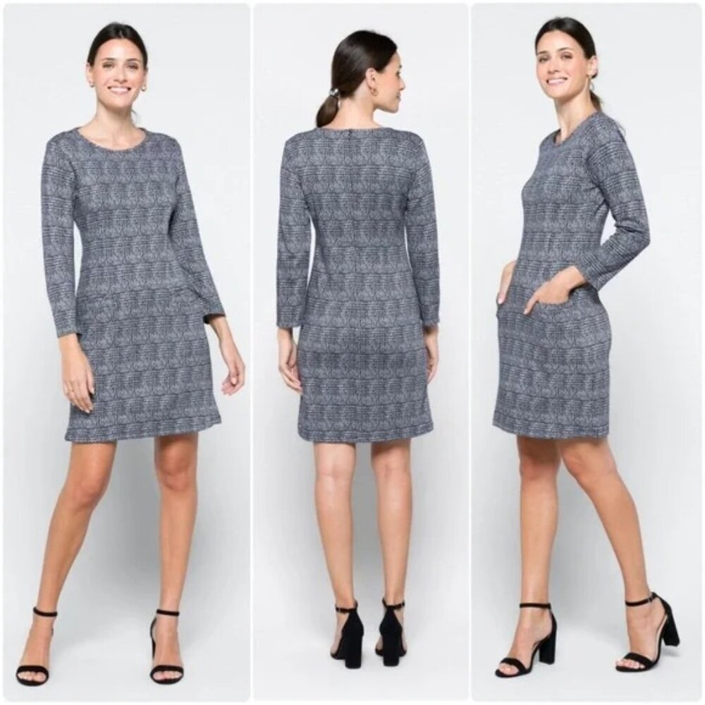 3/$25 41 Hawthorn Aniya Plaid Jacquard Knit Shift Dress L Pockets Work Navy Blue